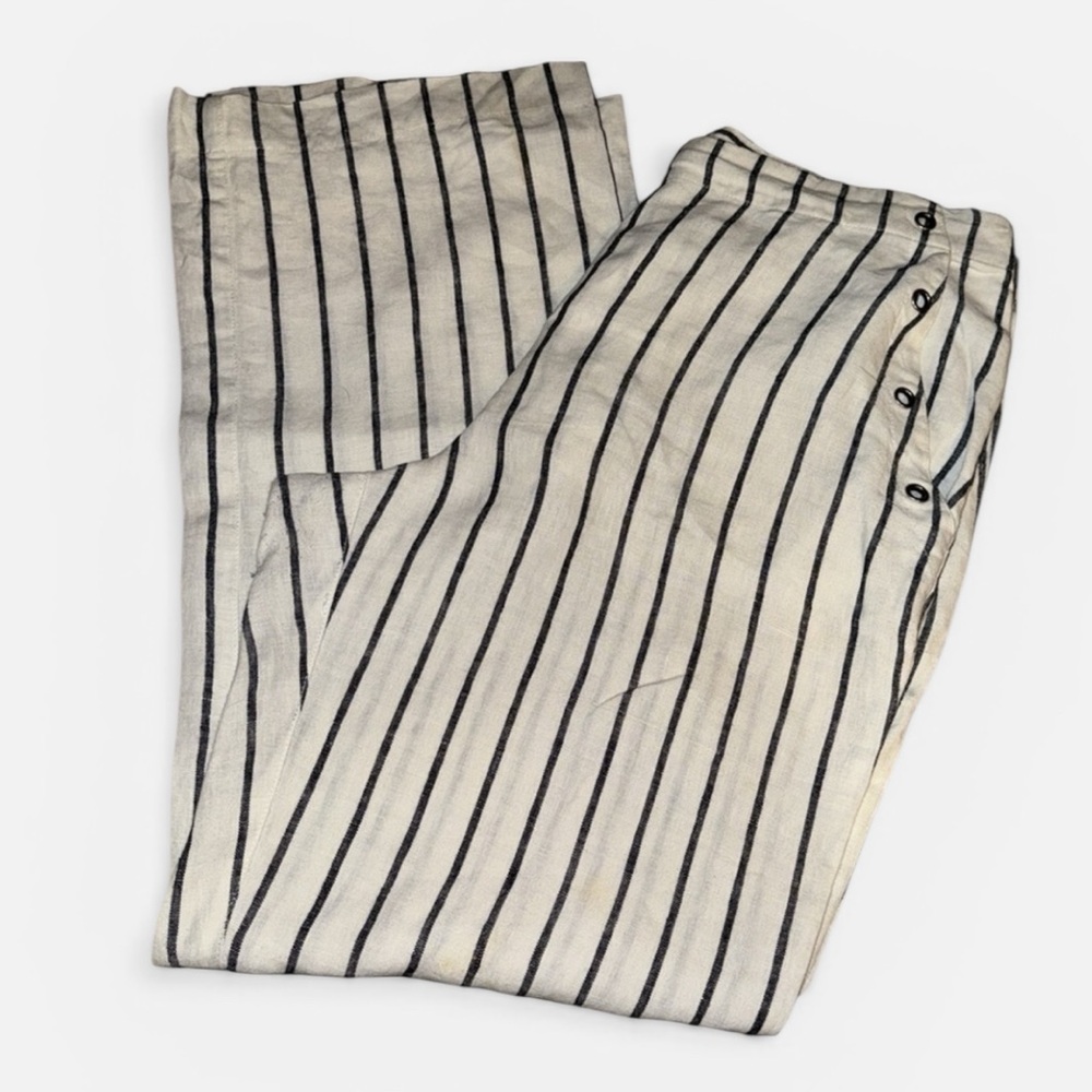 Chico’s 100% Linen white stripe straight leg side elastic zip pants Sz 12